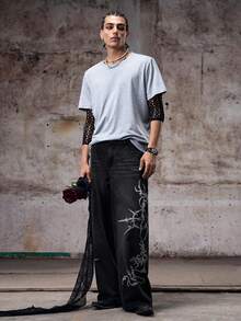 男士简约休闲前扣口袋印花牛仔裤，Emo 风格，垃圾摇滚风 - 黑色 - 查看 3