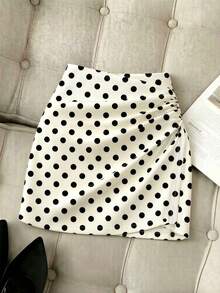 GlowEve 女士夏季黑色波点印花褶皱设计优雅高贵生日礼物派对节日音乐节鸡尾酒会旅行海滩度假装夏季半身裙，时尚独特设计百搭时尚短款修身裙 - 黑與白 - 查看 1