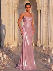 Glamrae Elegant Luxury Knitted Coated Off-Shoulder U-Neck Fishbone Waist Ruched Fishtail Hem Maxi Dress, Suitable For Holiday Celebrations, Weddings, Galas, Concerts, Business Events, And Social Media Influencer Occasions - Pink - View 6