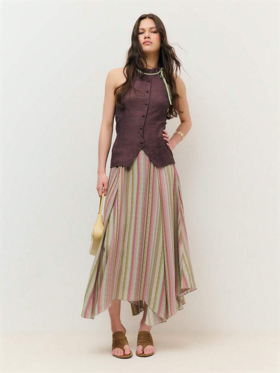 Nöista Striped Midi Skirt With A Relaxed Lighweight Fabric, Drape And Easy Elastic Waistband. Perfect For - Pink - View 1