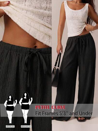 SHEIN PETITE CURVE CURVE Plus Size New Plus Size Women's Petite Girls  Casual Vacation & Commute Solid Color Textured Fabric Drawstring Waist Loose Wide Leg Pants, Suitable For Commuting,High-Waisted Makes You Look Slimmer And Your Legs Longer, Suitable For Petite Women.High-Waisted Makes You Look Slimmer And Your Legs Longer, Suitable For Petite Women.Suitable For All Seasons And Occasion,Suitable For Petite Girls& Women, Summer Pants Summer Summer Pants Summer Outfits Summer Holiday Outfits Long Summer Pants For Women Spring Outfit ,Wide-Leg Pants,Office Pants,Pants,Elegant Pants,Casual Pants, High-Waisted Slimming Wide-Leg Pants For Summer,Elegant Women's Ceremony Pants ,Elegant Pants For Party,Elegant Pants For Ladies,Elegant Long Pants, Vacation Outfits Women,Holiday Outfits For Women,Summer Holiday Outfits,Summer Vacation Outfits,Casual Pants For Women ,Casual Pants For Women
