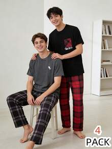 4 piezas Conjunto de pijama para adolescentes, parte superior de manga corta en negro y gris jaspeado y pantalones largos a cuadros, suave y cómodo, diseño sencillo para combinar fácilmente, tela de punto elástica y transpirable, lavable a máquina, ajuste cómodo y fácil cuidado (se venden 2 conjuntos por separado) - Multicolor - Ver 4