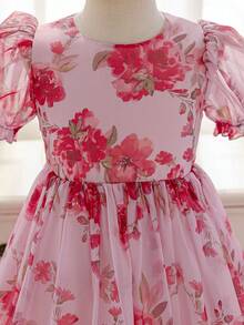 SHEIN Glamorique Kids 年轻女孩优雅迷人可爱粉色泡泡袖收腰奢华荷叶边连衣裙 - 粉色 - 查看 4