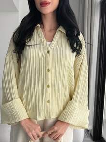 Modelyn Plus Size Women Solid Color Casual Versatile Daily Wear Shirt - Pale Yellow - View 2