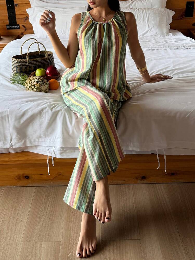 Summer Vacation Striped Sleeveless Top And Pants Women Pajama Set