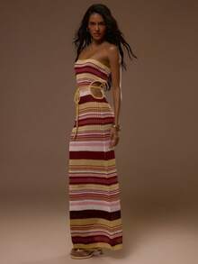 MUSERA Đầm maxi ôm sát eo, kiểu quây, kẻ sọc, chất liệu dệt kim, khoét eo, buộc dây, gợi cảm, dễ thương, thích hợp cho kỳ nghỉ hè, du lịch, đi chơi, tiệc tùng, phong cách Ibiza, thanh lịch, hoàng hôn. - Nhiều màu - Xem 3