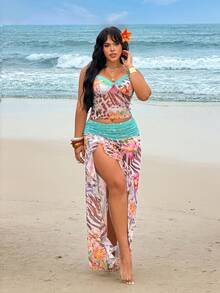 Rustia Bộ 2 món gồm áo hai dây và chân váy ôm sát xẻ tà bằng vải lưới, thích hợp mặc đi biển. - Nhiều màu - Xem 1