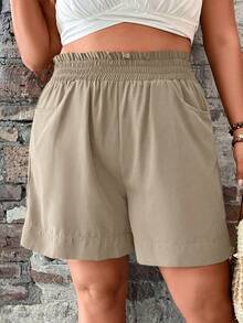 EMERY ROSE Plus Size Women Solid Color Elastic Waist Pocket Casual Shorts Linen Shorts Women Plus Size Beige Shorts High Waisted Shorts Summer Outfit For Women - Khaki - View 6