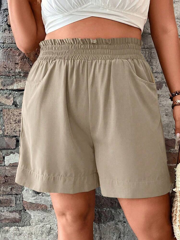 Plus Size Women Solid Color Elastic Waist Pocket Casual Shorts Linen Shorts Women Plus Size Beige Shorts High Waisted Shorts Summer Outfit For Women