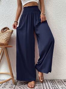 EMERY ROSE Vacation Casual Solid Color Wide Leg Pants - Navy Blue - View 4