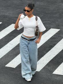 Muchica Damtröja med fladdermusärm, trendig och mångsidig passform - Vitt - Visa 4