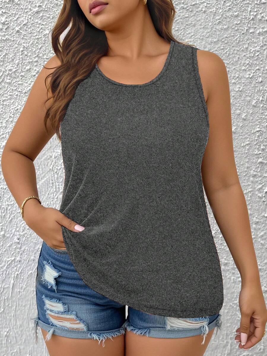 EMERY ROSE Plus Size Summer Casual Simple Solid Color Tank Top - Grey - View 1
