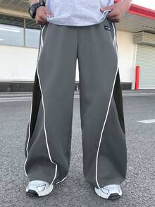 SHEIN 男童直筒侧边撞色拼接运动裤，适合秋冬季休闲、户外、学校等场合穿着 - 灰色 - 查看 2