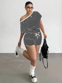 Sunnyshic Plus Size Striped Off-Shoulder Sexy Top & Drawstring Casual Shorts Set For Women - Black and White - View 4