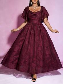 SHEIN PETITE CURVE Plus Size Comfortable Jacquard Casual Elegant Dress, Suitable For Spring And Summer Evening Formal Wedding Burgundy - Burgundy - View 5