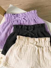 Conjunto de 3 peças para bebê menina, shorts casuais de verão em cor sólida com cintura elástica. - Multicolorido - Ver 4