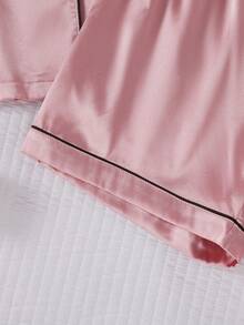 SHEIN Girls Classic Collar Solid Color Pocket Embroidered Short Sleeve Cardigan Matching Shorts Pajamas Set, Comfortable Casual Loungewear - Pink - View 8