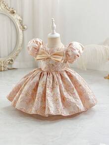 Glamorique Kids 女童碎花花瓣袖连衣裙，饰有蝴蝶结，优雅公主风花童礼服，适合婚礼及其他场合 - 粉色 - 查看 5