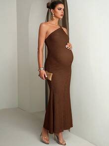 MaterniChic Elegant Solid Color One-Shoulder Mermaid Maternity Dress For Summer - Coffee Brown - View 4