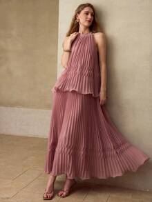 PREMIUM ROMANTIC PLEATED SLEEVELESS DRESS FOR DATES, SPRING/SUMMER - Pink - View 7