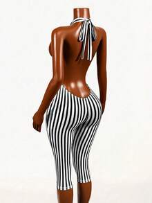 Mistrie Striped Contrast Print Open Shoulder Backless Halter Design Capri Pants, Casual Sporty Sexy Daily Holiday Spring/Summer Knit Jumpsuit For Women Zebra Jumpsuit Zebra Clothes Women Striped Jumpsuit - Black and White - View 7