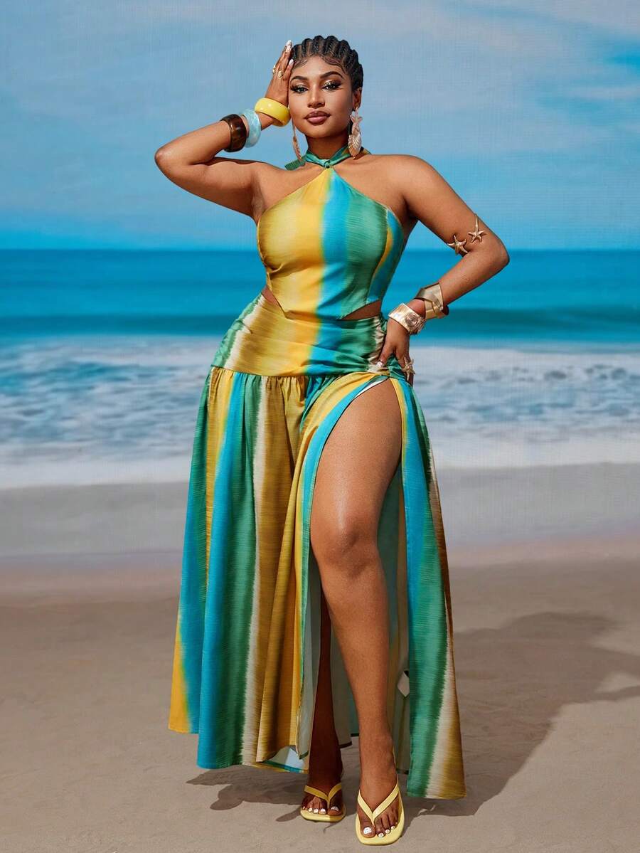 Maweii Plus Size Halter Neck Sleeveless Exotic Vintage Beach Dress - Multicolor - View 1