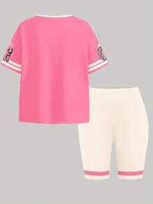 2pcs Cream White & Pink, Fashionable English Number Leopard Print 01 Striped Jersey, Tween Girls Casual Minimalist Comfortable Round Neck Short Sleeve T-Shirt And Shorts Set, Suitable For Spring/Summer Daily Wear, Sports, Outdoor, World Cup, Homecoming - White - View 2