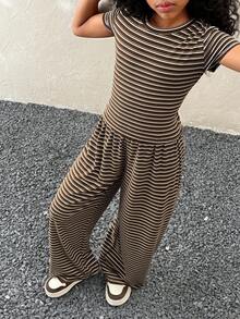 Coolane Kids 少女夏季休闲家居服套装，条纹圆领短袖T恤和宽松条纹直筒裤，棕色条纹两件套 - 咖啡棕 - 查看 2