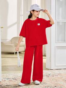 SHEIN 少女休闲宽松舒适圆领短袖T恤和裤子两件套 - 紅色 - 查看 7