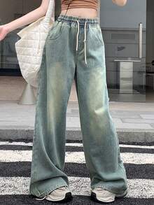 Dazy Tall Quần jeans nữ ống đứng dáng rộng, cạp chun, có dây rút, kiểu dáng thường ngày. - Rửa nhẹ - Xem 7