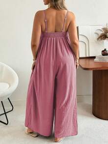 Ceyna Plus Size Women Solid Color Pleated Casual Jumpsuit With Wide Leg - Pink - View 2