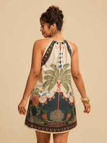 Travachic Plus Size Tropical Print Halter Neck Casual Dress - Multicolor - View 2