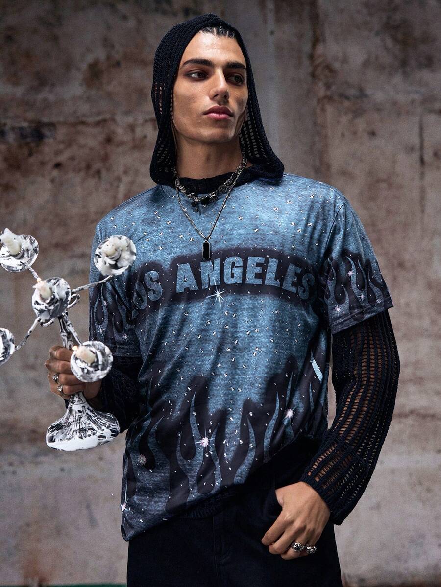 Skyrend 男士夏季字母火焰印花圆领短袖休闲T恤 - 彩色 - 查看 1