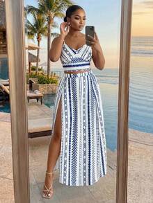 SHEIN Lady CURVE 2pcs Plus Size Spaghetti Strap Top And Skirt Set, Fashionable For Summer,Vacation Outfits Woman,2 Pieces Summer Outfit - Blue - View 5