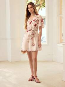 MOTF PREMIUM WOMEN'S ROMANTIC ELEGANT PRINTED LONG SLEEVE SHORT DRESS, SPRING/SUMMER - Multicolor - View 4