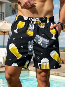 Manfinity Swimmode Quần short nam kiểu dáng thường ngày, in hình bia, có dây rút ở eo và túi, thích hợp mặc đi biển. - màu đen - Xem 5