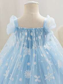Glamorique Kids 女婴公主裙，蓝色网纱连衣裙，蓝色公主裙，雪花印花网纱蓬蓬裙，白色毛边，派对礼服，优雅正式礼服，秋冬新品，四季皆宜，中东、欧洲和美洲，带披肩 - 藍色 - 查看 7