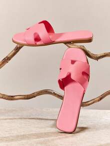 SHUZIA Dép lê nữ cao cấp, kiểu dáng sang trọng, hở mũi, họa tiết lá cọ tối giản, chất liệu giả da màu hồng đào, thích hợp cho mùa xuân, đi nghỉ mát, đi biển, quà tặng Ngày của Mẹ hoặc Giáng sinh. - Hồng - Xem 7