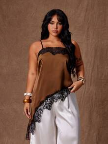 Rustia Plus Size Elegant Sexy Lace Trim Sheer Satin Asymmetric Hem Camisole Top, Vintage Style For Vacation, Date, Party - Brown - View 4