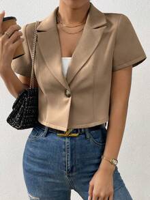 Pariaura Blazer Wanita Lengan Pendek Kancing Tunggal Warna Polos, Pakaian Kasual Musim Panas - Khaki - View 3