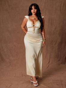 French Retro Bias Cut Lace Trim Cap Sleeve Satin Vacation Elegant Dress - Champagne - View 5