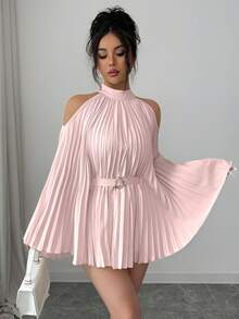 SHEIN Elenzya Áo sơ mi nữ dáng lửng thanh lịch, thắt eo, tay loe. - Hồng - Xem 5