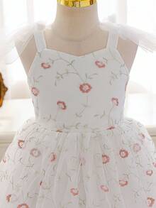 SHEIN Glamorique Kids 女童花童礼服，公主裙，吊带，蝴蝶结装饰，白色网纱刺绣粉色连衣裙，可爱优雅的正式礼服 - 白色 - 查看 6