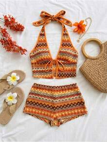Mistrie Women's Summer New Fashion Two-Piece Set, Colorful Breathable Textured Jacquard Sleeveless Halter Top With Tie And Low-Rise Shorts,Summer Tops,Summer Outfits,Summer Outfits For Women ,Summer Outfit For Women,Festival Outfits For Women,Beach Outfit For Women,Casual Sets For Women,Vacation Outfits Women,Holiday Outfits For Women,Summer Holiday Outfits,Vacation Outfits For Women, Outfits 2 Piece Set Hawaii Outfits Women 2 Piece - Orange - View 2