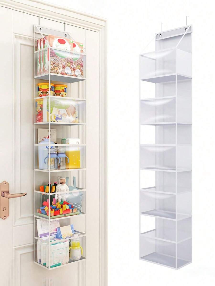 1pc/Hanging Storage Bag/Bag Organizer/Door Storage Bag, Transparent PVC Foldable Multi-Layer Sorting Box, With Hooks, Suitable For Closets, Laundry Rooms, Wardrobes, Bathrooms, Toys, Clothes, Playthings, Snacks, Cosmetics, Etc. Large Capacity Storage Bag/White - White - View 1