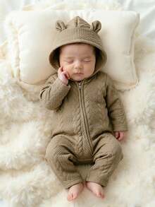 SHEIN 男女通用婴儿连帽连体衣，柔软舒适，长袖，拉链开合，适合春秋季节穿着 - 咖啡棕 - 查看 1