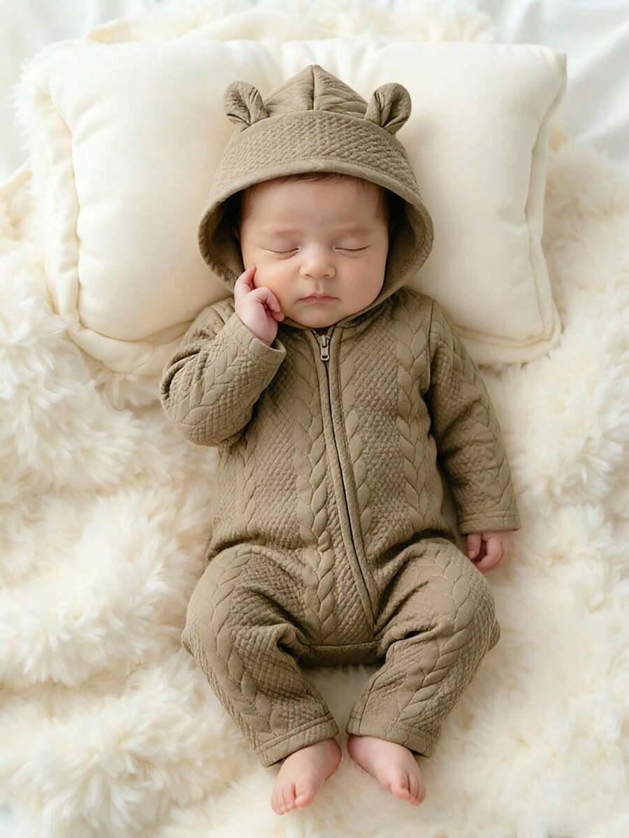 SHEIN 男女通用婴儿连帽连体衣，柔软舒适，长袖，拉链开合，适合春秋季节穿着 - 咖啡棕 - 查看 1