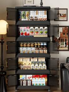 可折叠储物柜，4-5层双门储物柜，加厚塑料带轮储物柜，客厅玩具零食多层收纳柜，衣物收纳柜，家用防尘储物架 - 黑色透明 - 查看 4