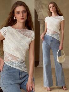 MOTF PREMIUM WOMEN'S LACE PATCHWORK ASYMMETRIC DESIGN LACE T-SHIRT, SPRING/SUMMER - Beige - View 8