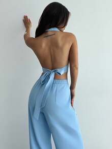 Firerie Women's Elegant Romantic 2-Piece Set, Featuring Halter Backless Design In Gray-Blue, Suitable For Party, Beach, Back To School, Date Night, Wedding Season, Birthday, Easter, Spring/Summer, Modest - Blue - View 7